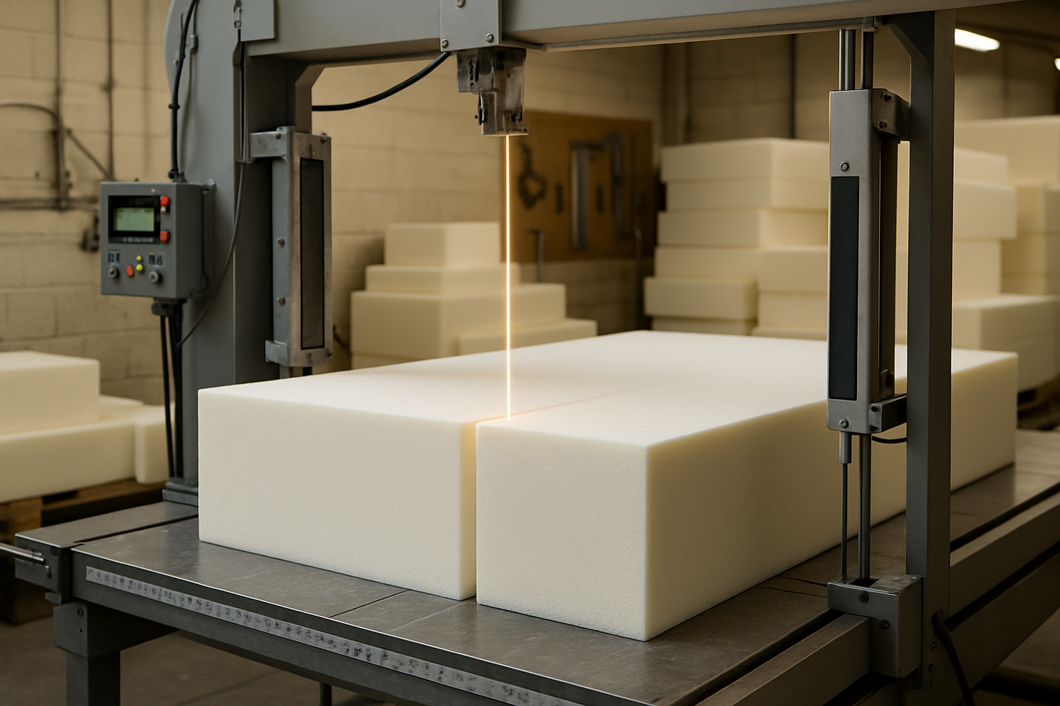 Ik wil een foto waarop je ziet dat schuimrubber voor een matras op maat gemaakt wordt door een machine
