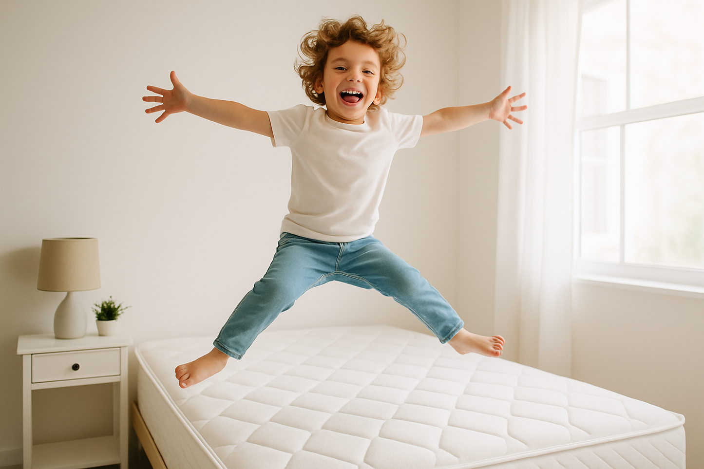 Maak een foto van een kind die springt op een matras. Het moet een foto zijn die ik op mijn website kan plaatsen