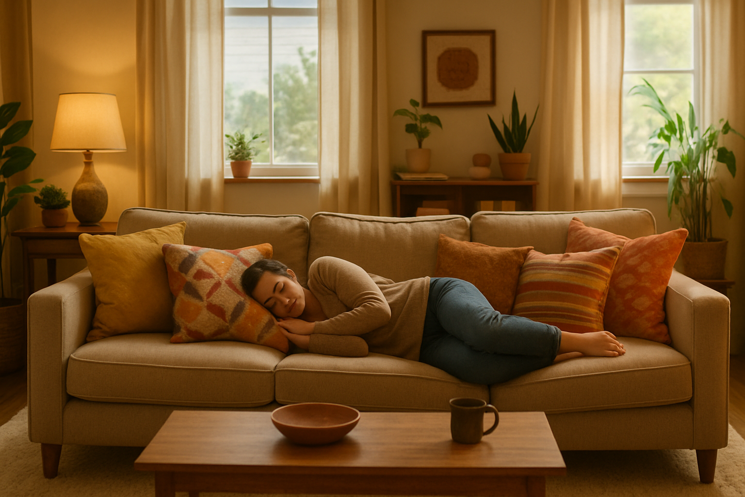 Maak een liggende afbeelding van een persoon die ligt op een bank met veel kussens in een huiskamer