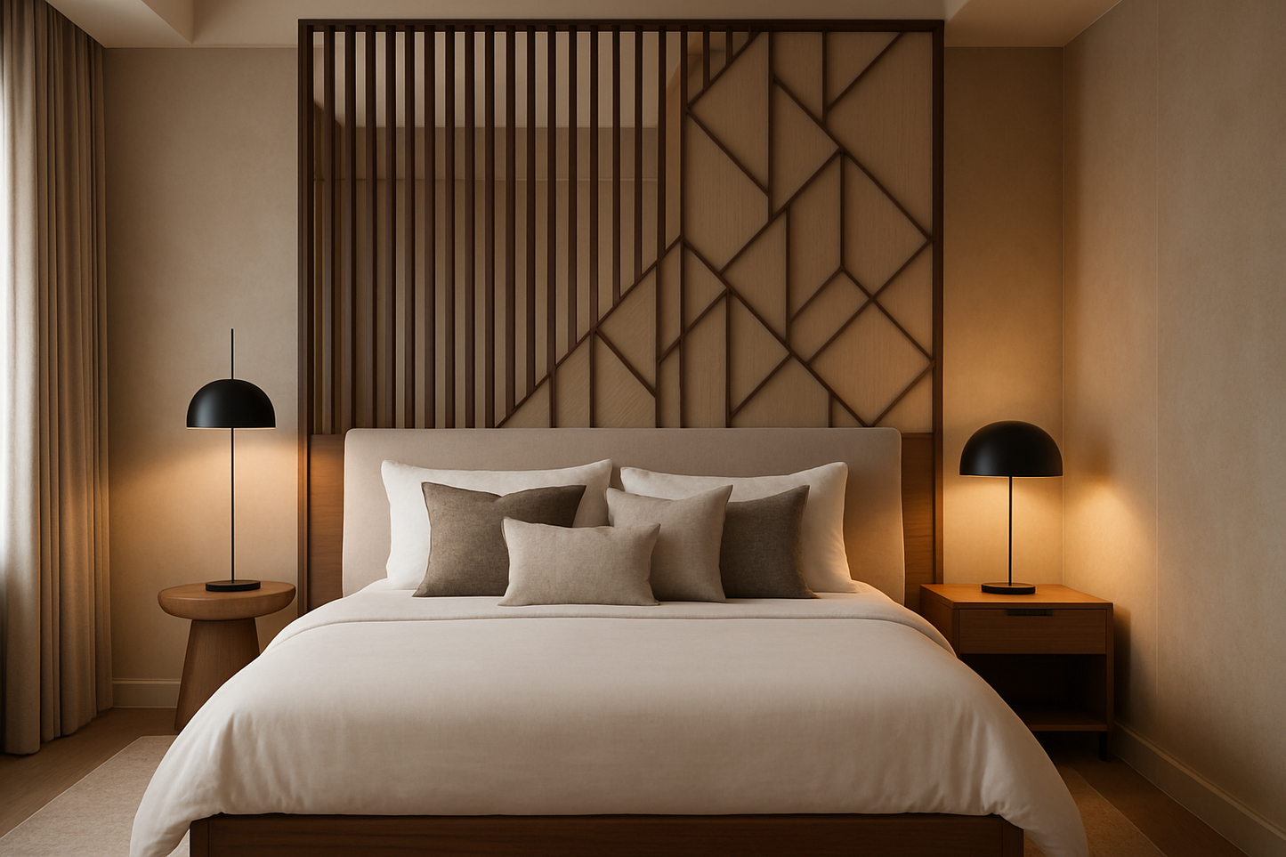 Modern bedroom with a large bed, decorative pillows, and a stylish wall partition.