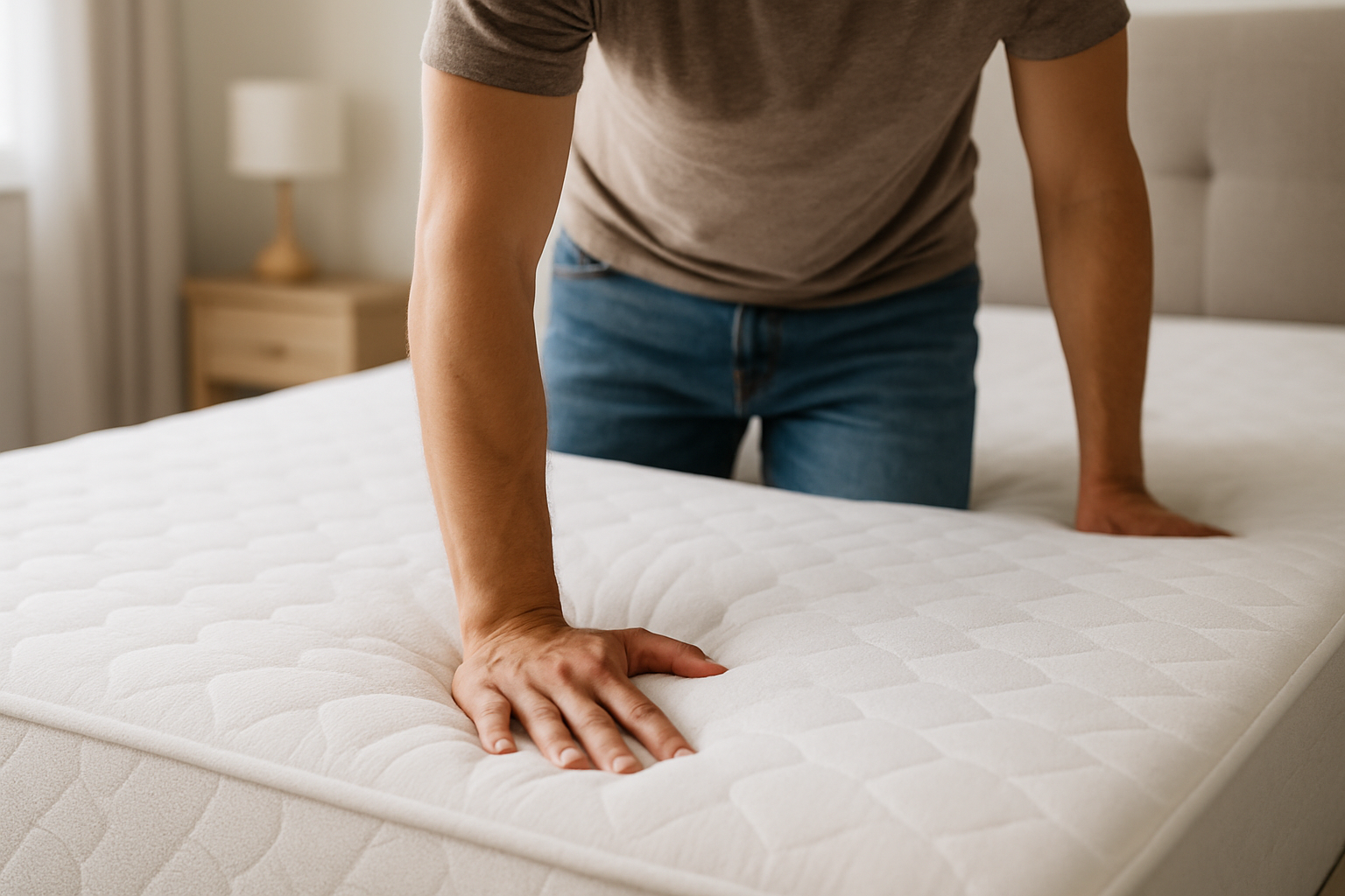 Maak een afbeelding van een persoon die drukt op een matras met zijn hand. Het gaat om iemand die de hardheid van een matras test